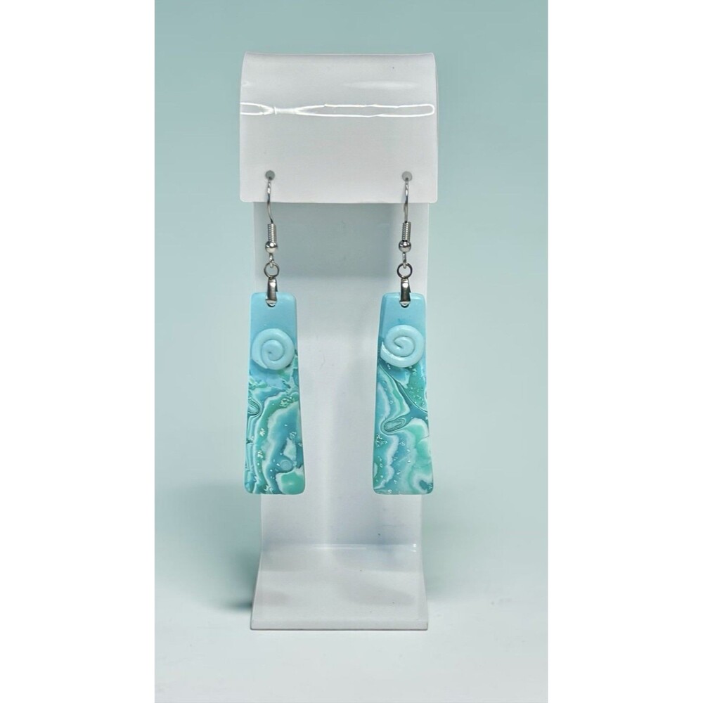 Blue Green & Silver Handmade Dangle Polymer Clay Earrings w Stainless Steel Post - Picture 5 of 9